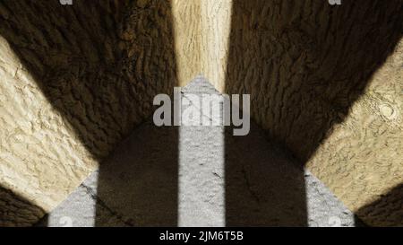 3D rendering. Illustrazione 3D di alta qualità. Vista dall'alto di una stanza con luci verticali che illuminano lo spazio. Pareti in legno e pavimento in pietra. Spazio vuoto per esporre prodotti o modelli dall'estetica rustica. Foto Stock