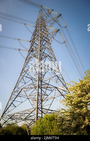 Pilone elettrico e linee elettriche, visto dal basso Foto Stock