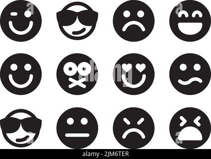 Un set vettoriale di emoji nere con varie emozioni isolate su sfondo bianco Illustrazione Vettoriale