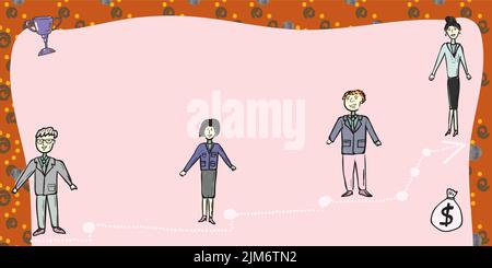 Business Team in piedi su scala per il successo con Trofeo e Money Bag sui lati. Uomini d'affari e donne d'affari che presentano sviluppo importante Illustrazione Vettoriale