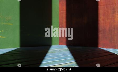 3D rendering. Angolo di una stanza con pareti testurizzate. Camera con pareti e pavimento in metallo. Sala con pareti in metallo e luci proiettate dalla parte anteriore. Foto Stock