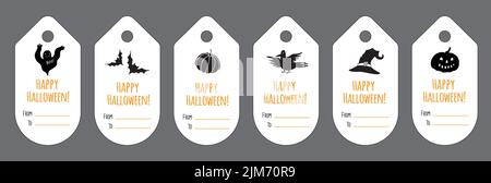 Halloween regalo etichette con luogo per nome. Collezione vettoriale di tag regalo nome con illustrazioni di Halloween in divertente stile cartoon. hallowe bianco semplice Illustrazione Vettoriale
