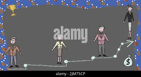 Business Team in piedi su scala per il successo con Trofeo e Money Bag sui lati. Uomini d'affari e donne d'affari che presentano sviluppo importante Illustrazione Vettoriale
