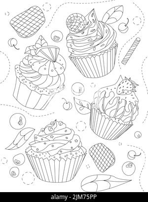 Colorare la pagina del libro con diversi cupcake con frutta e foglie in background. Lenzuola da colorare con vari muffin. Deserti con fruttato Illustrazione Vettoriale