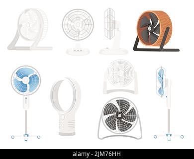 Set di ventilatori elettrici, versione da tavolo e da pavimento, illustrazione vettoriale isolata su sfondo bianco Illustrazione Vettoriale