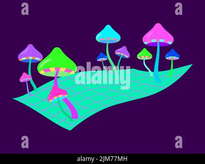 Funghi psichedelici in stile futuristico retrò a onda di sintesi. Griglia a vista ondulata 3D con funghi. Viaggio acido, surrealismo. Design per poster e bann Illustrazione Vettoriale