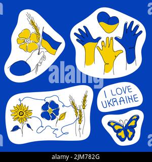 Set di adesivi patriottici di illustrazione Ucraina con heands e cuore, farfalla, mappa, papavero, grano e frase IO AMO UKRAIN nei colori della tradizione Illustrazione Vettoriale