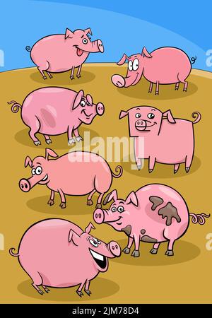 Illustrazione di cartoni animati di maiali animali fattoria gruppo in campagna Illustrazione Vettoriale