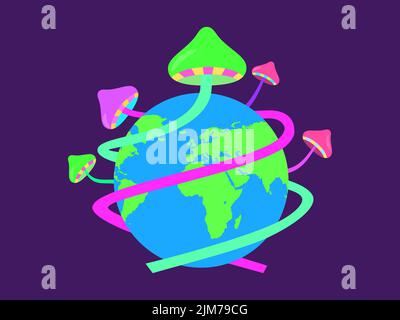 Viaggio psichedelico e acido rave. I funghi coprono il pianeta. Esperienza surreale. Fungo psichedelico. Design per poster, banner e prodotti promozionali Illustrazione Vettoriale