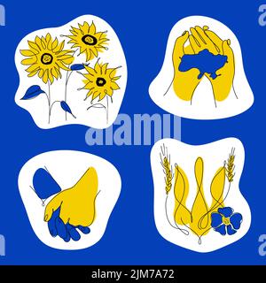 Set di adesivi patriottici di illustrazione Ucraina con le brufie, grano, girasole, stemma, mappa nei colori della tradizione. Illustrazione vettoriale globale Illustrazione Vettoriale