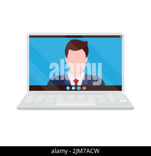 concetto di riunione online del webinar, lavoro in remoto o lavoro da casa e da qualsiasi luogo, uomo che utilizza la videoconferenza tramite lo schermo del computer portatile, illu vettoriale piatto Illustrazione Vettoriale