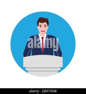 Uomo vicino al podio. Speaker in suit stand su tribune per parlare in conferenza. Un politico parla da podio con i microfoni. Oratore pubblico. Presidente o. Illustrazione Vettoriale