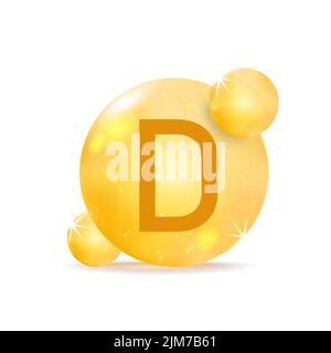 Icona vitamina D dorata. Goccia capsula di pillola di vitamina. Illustrazione Vettoriale
