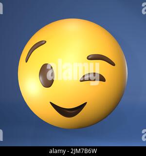 Rappresentazione verticale 3D di una faccia emoji gialla isolata su sfondo blu. Faccia che si avvolse. Foto Stock