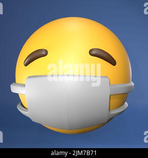 Rappresentazione verticale 3D di una faccia emoji gialla isolata su sfondo blu. Viso con maschera medica. Foto Stock