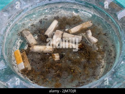 Posacenere con i bottoni pieni d'acqua dopo la pioggia, vista ravvicinata Foto Stock