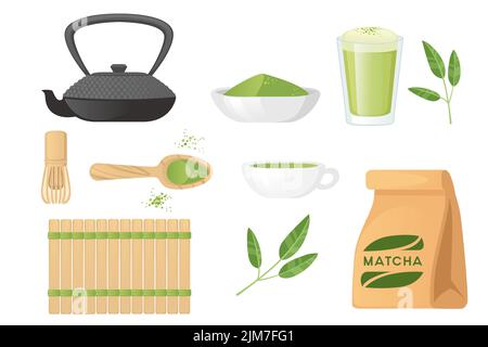 Set di latte di torta di tè in polvere di Matcha produtsc organico e altre illustrazioni vettore mangiare sano isolato su sfondo bianco Illustrazione Vettoriale