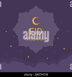 Iscrizione araba EID MUBARAK sullo sfondo del cielo stellato e delle nuvole sotto forma di un fiore arabo Illustrazione Vettoriale