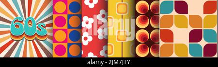 Collezione anni '60 di motivi senza cuciture per sfondi, progetti grafici, tessuti e abbigliamento. Set retrò di design vintage. Illustrazione Vettoriale