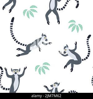 Lemuri esotici malgascio con code a strisce lunghe. Ripetizione senza giunture vettoriale disegnata a mano Illustrazione Vettoriale