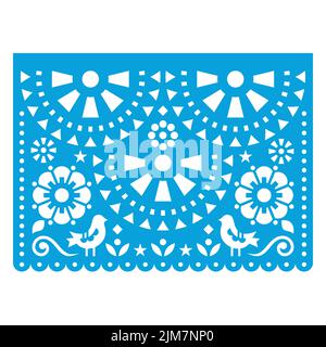 Papel Picado disegno vettoriale con due uccelli e fiori, decorazione messicana di carta intagliata ghirlanda in blu su bianco Illustrazione Vettoriale