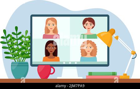 Riunione online tramite videoconferenza. Donne che si connettono, imparano o si incontrano online, lavorano in remoto. Illustrazione vettoriale Illustrazione Vettoriale