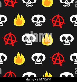 Cranio, segno di anarchia e fiamma senza cuciture pattern, wallpaper.Vector disegno a mano cartoon personaggio Illustration.Skull, fuoco, fiamma, anarchia, punk carta da parati senza giunture modello stampa Illustrazione Vettoriale