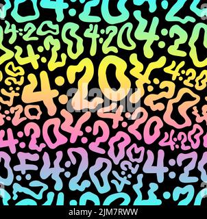 Carta da parati deformata ondulato a 420 numeri senza giunture pattern.Vector graphic character illustration.420 caratteri trippy, erbacce, rasta, cannabis, marijuana senza giunture pattern wallpaper printing concept Illustrazione Vettoriale
