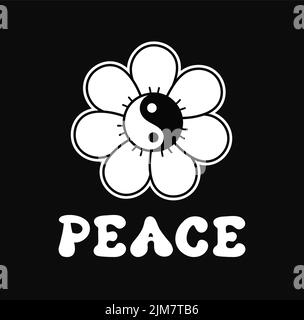 Yin Yang simbolo in fiore t-shirt stampa design.Peace slogan.Vector disegnata a mano personaggio di tendenza cartoon Illustration.Hippie segno di pace,60s,70s, stampa moda groovy per t-shirt, poster concetto Illustrazione Vettoriale