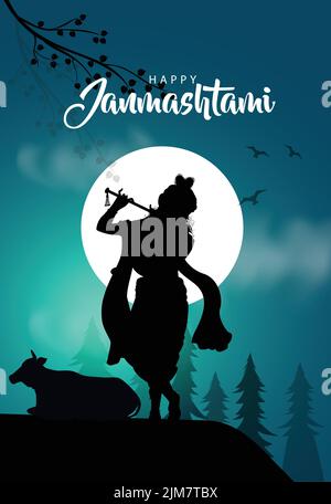 Felice Janmashtami con sfondo blu Silhouette disegno vettoriale Illustrazione Vettoriale