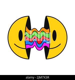 Due metà del sorriso trippy faccia, amanita fungo.Vector disegnata a mano Doodle 90s stile cartoon personaggio Illustration.Isolated su sfondo bianco.Trippy doodle sorriso faccia smiley, amanita fungo concetto Illustrazione Vettoriale