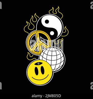 Yin Yang,sfera,faccia del sorriso,segni di pace bruciano nel fuoco.linea vettoriale illustrazione grafica logo design.Yin yang,sfera della terra,faccia del sorriso,simbolo di pace hippie,stampa techno per t-shirt,T-shirt,concetto del manifesto Illustrazione Vettoriale
