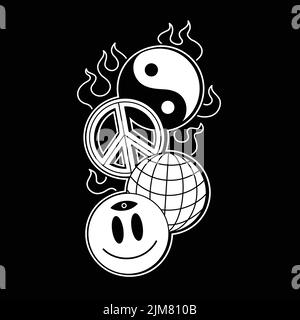 Yin Yang,sfera,faccia del sorriso,segni di pace bruciano nel fuoco.linea vettoriale illustrazione grafica logo design.Yin yang,sfera della terra,faccia del sorriso,simbolo di pace hippie,stampa techno per t-shirt,T-shirt,concetto del manifesto Illustrazione Vettoriale