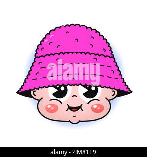 Divertente testa del bambino in testa rosa del secchio cap.Vector linea doodle tradizionale retro cartoon Illustration.Funny vintage cartoon baby faccia stampa poster, t-shirt, adesivo, logo concetto Illustrazione Vettoriale