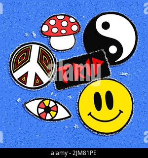 Patch di stile hippie su jeans.Vector cartoon illustration.Smile face,peace sign,acid,60s,70s,90s,trippy amanita mushroom,Yin Yang,hippie print art Illustrazione Vettoriale