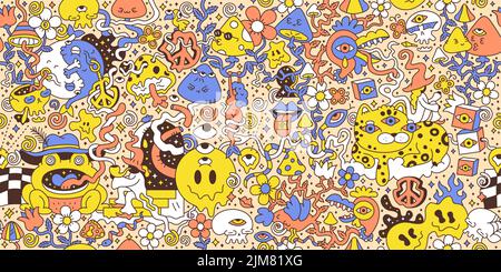 Psichedelico trippy senza cuciture pattern art.Mushroom,magic wizard smoking,melt smile face.Vector cartoon hippie illustrazione doodle.Trippy 60s,70s,Magic mushroom,acid,cannabis senza cuciture pattern art concept Illustrazione Vettoriale