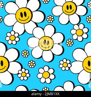 Simpatico divertente kawaii sorriso viso fiori su sfondo blu senza cuciture pattern art.Vector cartoon kawaii personaggio illustrazione design.Positive vintage sorriso viso chamomile fiore senza cuciture modello concetto Illustrazione Vettoriale
