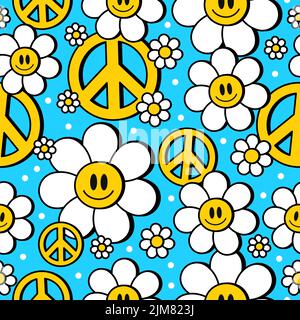 Yin Yang, simbolo hippie di pace in fiore senza cuciture pattern. Vettoriale disegno a mano trendy cartoon logo Illustration.Hippie Yin Yang,60s,70s,groovy.trippie moda stampa senza giunture modello concetto Illustrazione Vettoriale