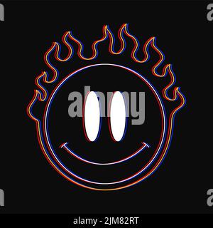 Sorriso faccia bruciare in t-shirt a fuoco stampa. Vettore disegno a mano stile linea cartoon carattere illustrazione del logo. Sorriso faccia, bruciare, stampa fuoco per poster, logo, concetto tee Illustrazione Vettoriale