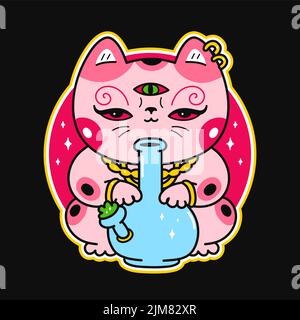 Carino divertente kawaii asian Maneki-neko gatto con bong. Vettoriale cartoon kawaii personaggio illustrazione logo design.Positive vintage gatto, erbaccia, marijuana, fumo cannabis, bong stampa per t-shirt, tee, logo concetto Illustrazione Vettoriale