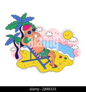 Divertente hipster ragazzo sdraiato su un lettino e prendere il sole. Vettore trendy Doodle cartoon stile icona illustrazione personaggio. Logo Boy alla moda per la consegna. Isolato su sfondo bianco Illustrazione Vettoriale