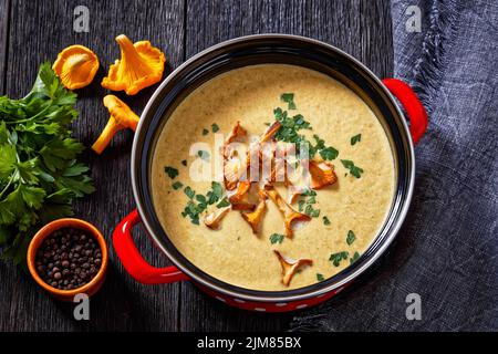 Kanttarellikitto, zuppa finlandese di Chanterelle in pentola rossa su tavola di legno scuro con funghi freschi Chanterelle sullo sfondo, vista orizzontale dall'alto Foto Stock