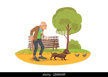 uomo vecchio che cammina con la mascotte del cane su uno sfondo del parco Illustrazione Vettoriale