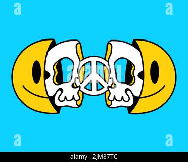 Due metà del viso sorriso con cranio e pace all'interno. Vettore disegnata a mano Doodle 90s stile cartoon personaggio illustrazione. Faccia del sorriso trippy, pace, stampa del cranio per t-shirt, poster, concetto di scheda Illustrazione Vettoriale