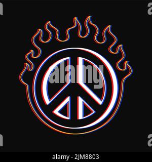 Hippie segno di pace bruciare in stampa t-shirt fuoco. Vettore disegno a mano stile linea cartoon carattere illustrazione del logo. Segno di pace hippie, bruciare, stampa del fuoco per il manifesto, il logo, concetto del tee Illustrazione Vettoriale