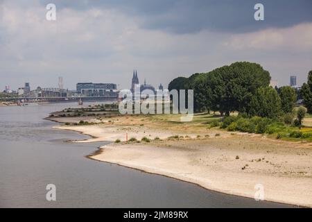 Acque basse del fiume Reno, 26 luglio 2022, rive del fiume Reno a Colonia-poll, vista sul porto Rheinau e la cattedrale, Colonia, Germania. Foto Stock