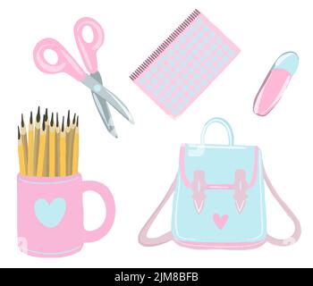 Carino vettore set di ritorno a scuola. Inizio degli studi, articoli di cancelleria in rosa e blu. Illustrazione Vettoriale