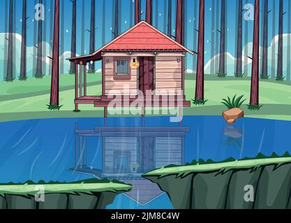 Gioco sfondo cartone animato vettore , Lakeside House Illustrazione Vettoriale