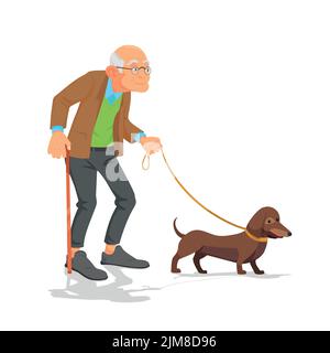 uomo anziano che cammina con la mascotte del cane su sfondo bianco Illustrazione Vettoriale