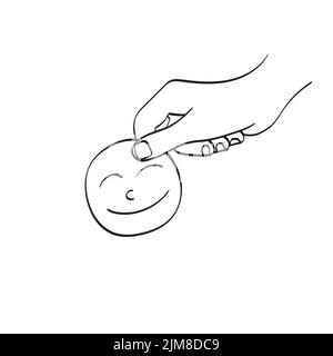 primo piano mano che tiene carta verde taglio sorriso illustrazione del volto vettore disegnato a mano isolato su sfondo bianco linea art. mondo salute mentale giorno concetto. Illustrazione Vettoriale